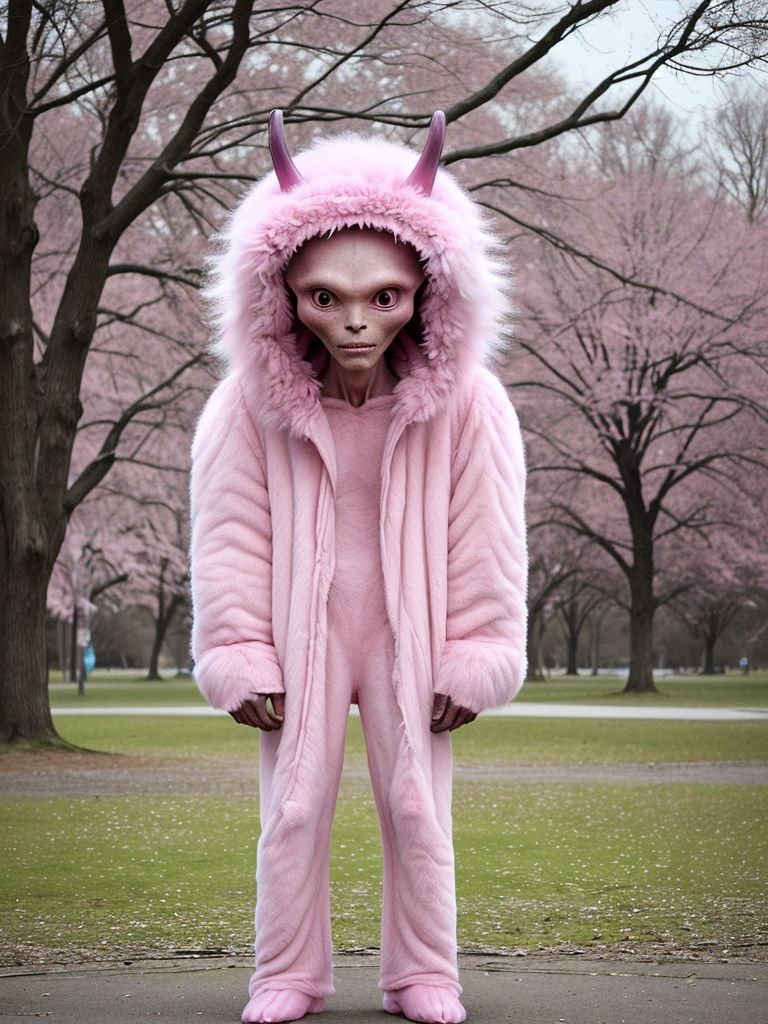 Alien wearing pink fur, standing in a park